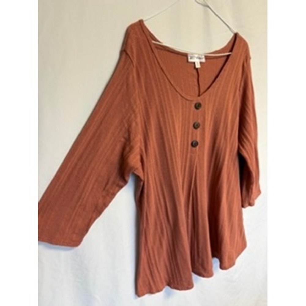 Star Vixen Women 3X Rust Ribbed Henley Top 3/4 Sleeve Scoop Neck Terracotta Plus - Picture 3 of 7